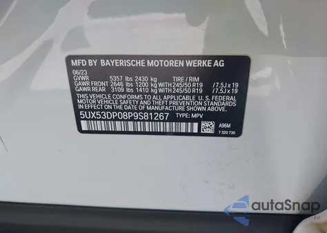 2023 BMW X3 xDrive30I z USA, uszkodzony, nr VIN 5UX53DP08P9S81267